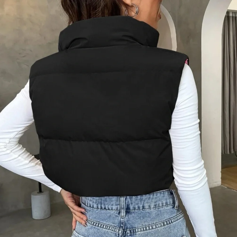 Black zip up reversible drawstring puffer vest - Picture 3 of 5